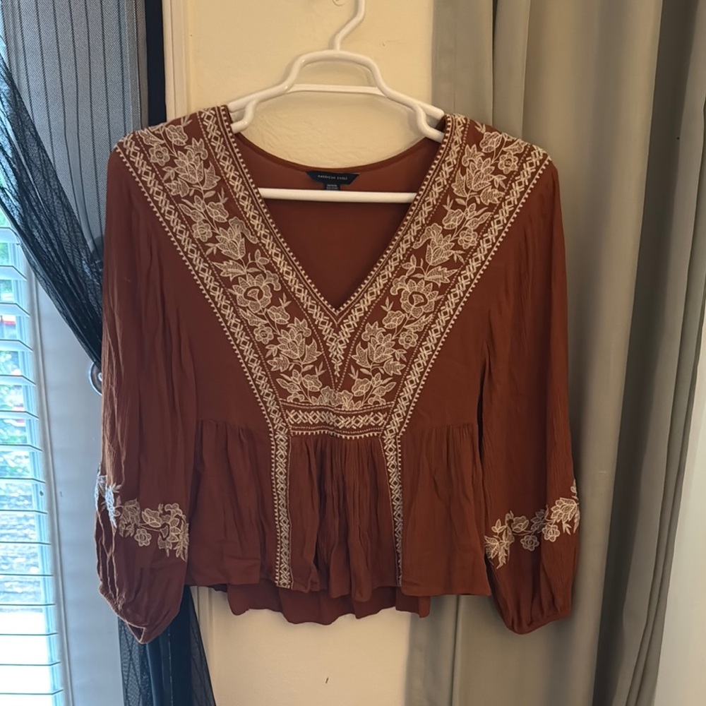 American Eagle Outfitters Brown Embellished Peplum Blouse